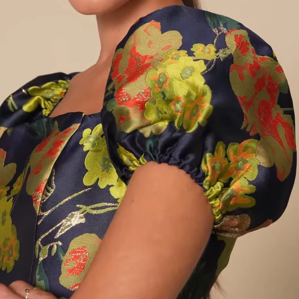 LULU’S “So Stunning Navy Blue Floral Jacquard Puff Sleeve Mini Dress” - Picture 7 of 16